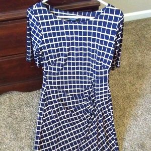 Navy and tan pattern dress.